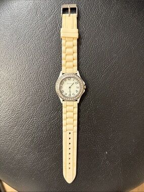 Geneva Platinum Cream Silicone Link Watch with Silver Crystal Bezel